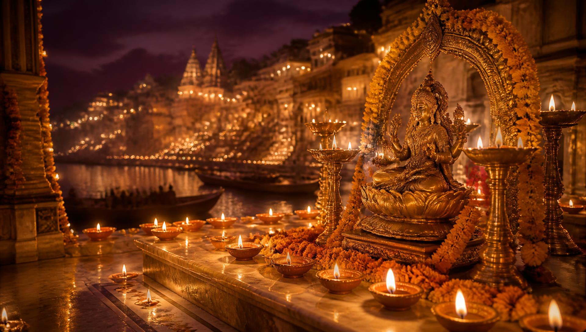 Diyas and a golden Lakshmi idol on Diwali night