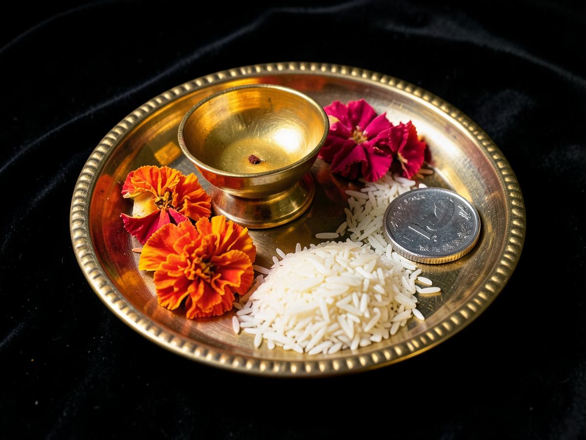 Brass puja thali with diya, rice and marigold