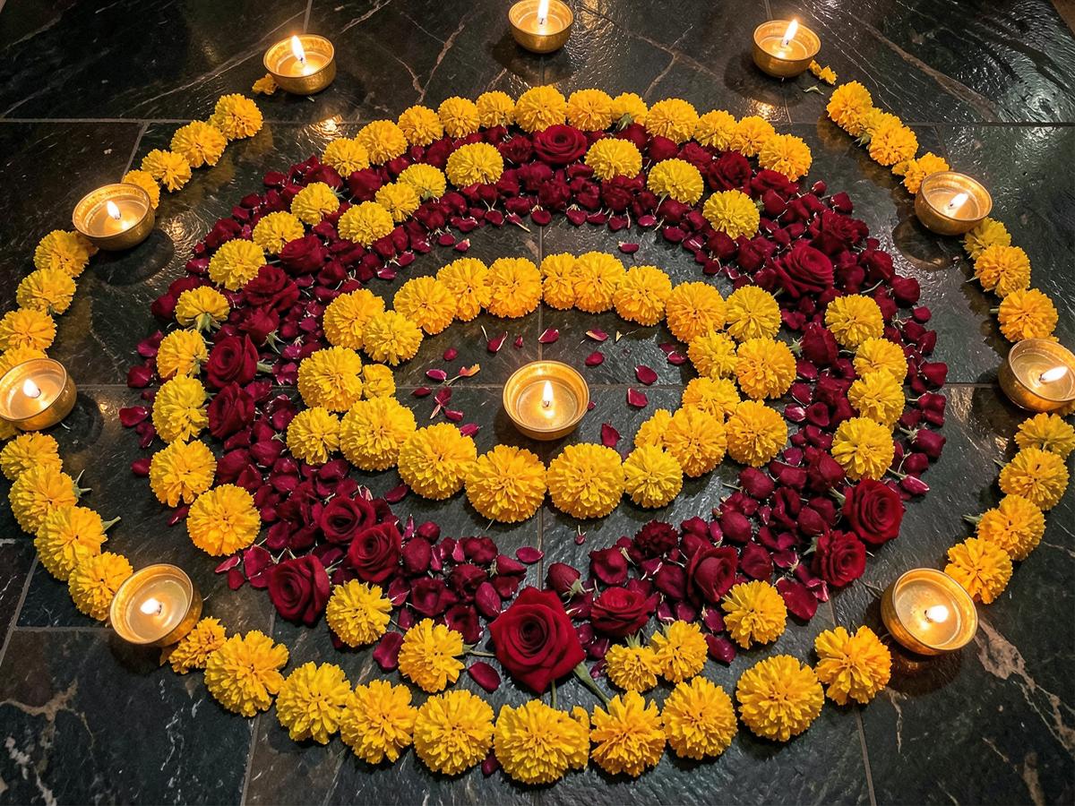 Marigold and rose petal rangoli with lit diyas